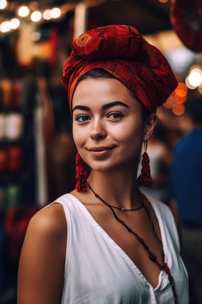 Fotografía recortada de una hermosa mujer joven en un mercado extranjero exótico creado con IA generativa