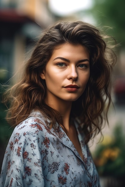 Fotografía recortada de una hermosa mujer de pie al aire libre creada con IA generativa