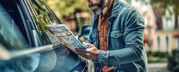 Fotografía recortada de un hombre con chaqueta naranja sosteniendo un mapa mientras está de pie cerca de una generadora de automóviles.