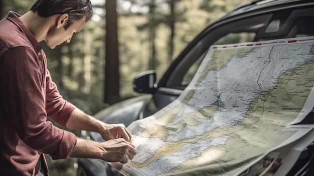 Foto fotografía recortada de un hombre con chaqueta naranja sosteniendo un mapa mientras está de pie cerca de una generadora de automóviles.