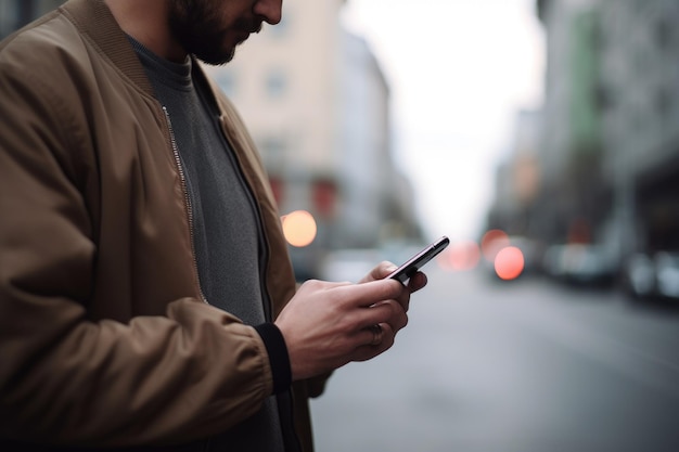 Fotografía recortada de un hombre usando su teléfono inteligente para enviar mensajes de texto en la calle creada con IA generativa