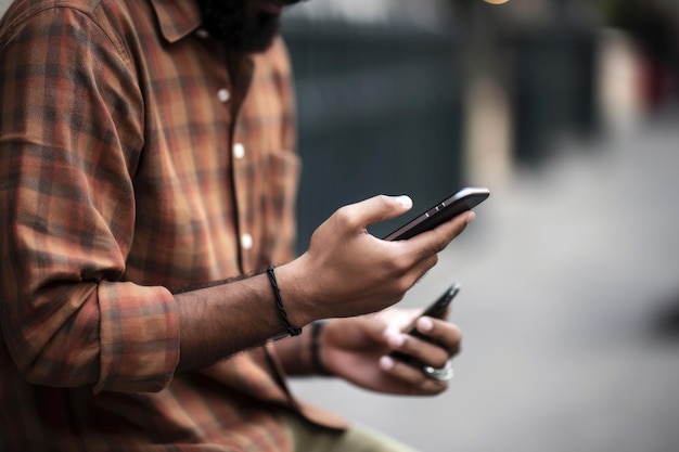 Fotografía recortada de un hombre usando su teléfono inteligente para enviar mensajes de texto en la calle creada con IA generativa