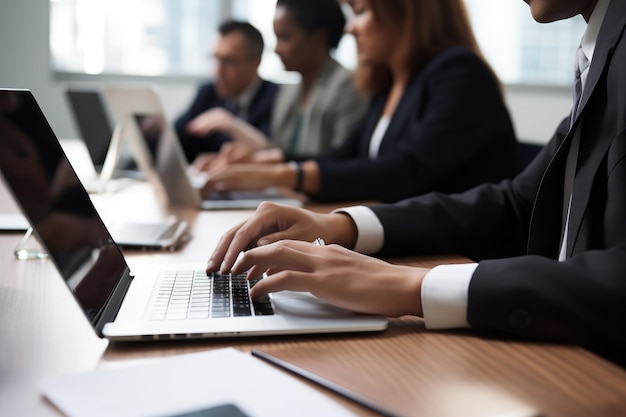 Fotografía recortada de hombres de negocios trabajando en una computadora portátil en su oficina creada con IA generativa