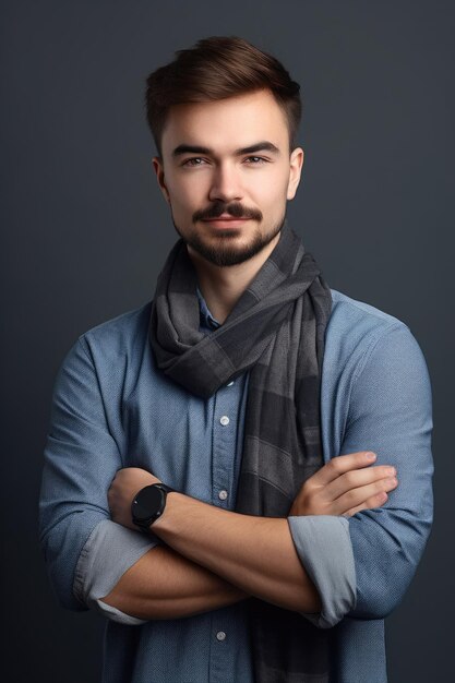 Fotografía recortada de un joven guapo de pie con los brazos cruzados creada con IA generativa