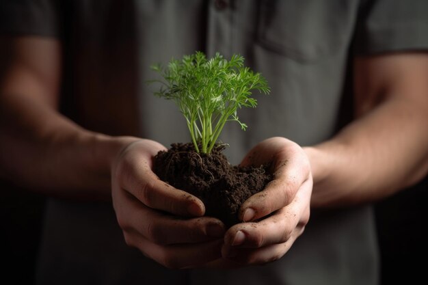 Fotografía recortada de un joven sosteniendo una planta que crece en el suelo creado con IA generativa