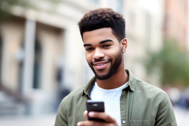 Fotografía recortada de un joven usando su teléfono celular mientras habla con usted creada con IA generativa