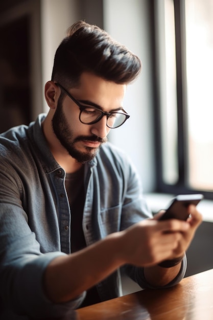 Foto fotografía recortada de un joven usando su teléfono móvil mientras trabaja en casa creada con ia generativa