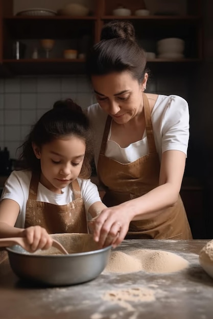 Fotografía recortada de una madre e hija horneando creada con IA generativa