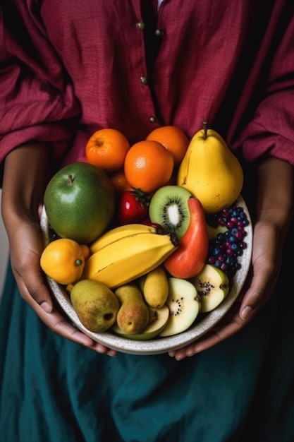 Fotografía recortada de una mujer irreconocible con frutas coloridas creadas con IA generativa