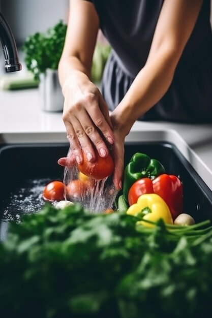 Fotografía recortada de una mujer irreconocible lavando verduras en la cocina creada con IA generativa