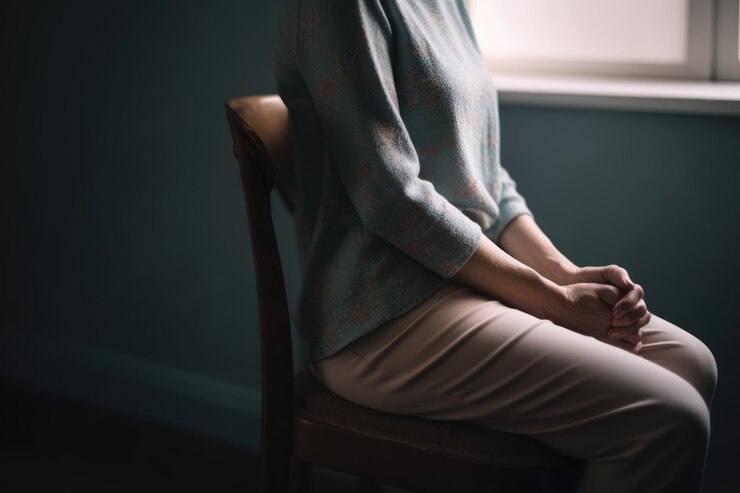 Fotografía recortada de una mujer irreconocible sentada sola creada con IA generativa