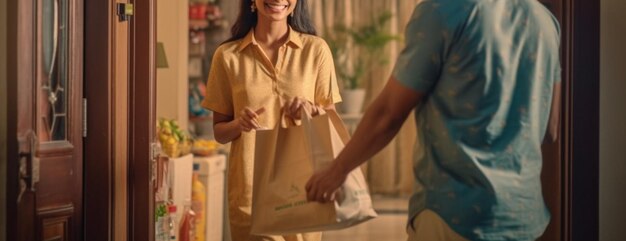 Fotografía recortada de una mujer joven con una camiseta amarilla sosteniendo una bolsa de papel con comida mientras está de pie en la cocina.