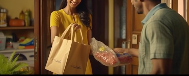 Fotografía recortada de una mujer joven con una camiseta amarilla sosteniendo una bolsa de papel con comida mientras está de pie en la cocina.