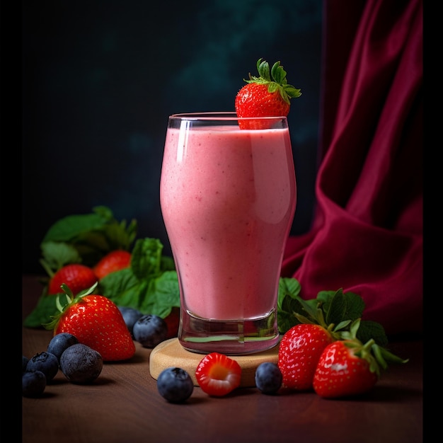 Fotografía refrescante de batido de fresa con colores vibrantes y textura cremosa