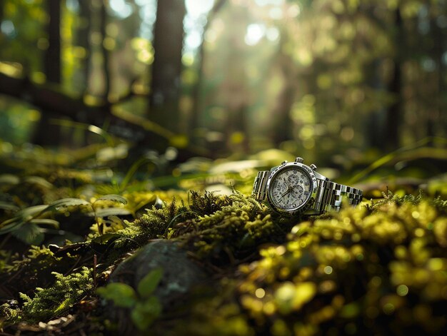 fotografía de un reloj de pulsera en un bosque