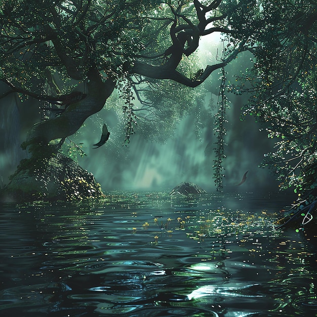 Fotografía renderizada en 3D de Sumérgete en el encantador reino de la fantasía con criaturas y bosques mágicos