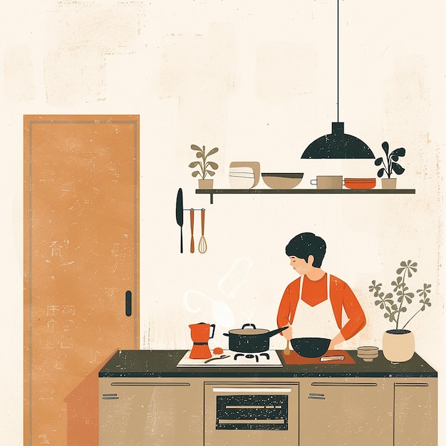 fotografía renderizada de algunos cocineros cocinando arte minimalista trabajo de línea simplificado ilustración plana