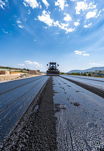 Foto fotografía de reparación de carreteras de pavimento de asfalto con compactor de rodillos de vibración picandem