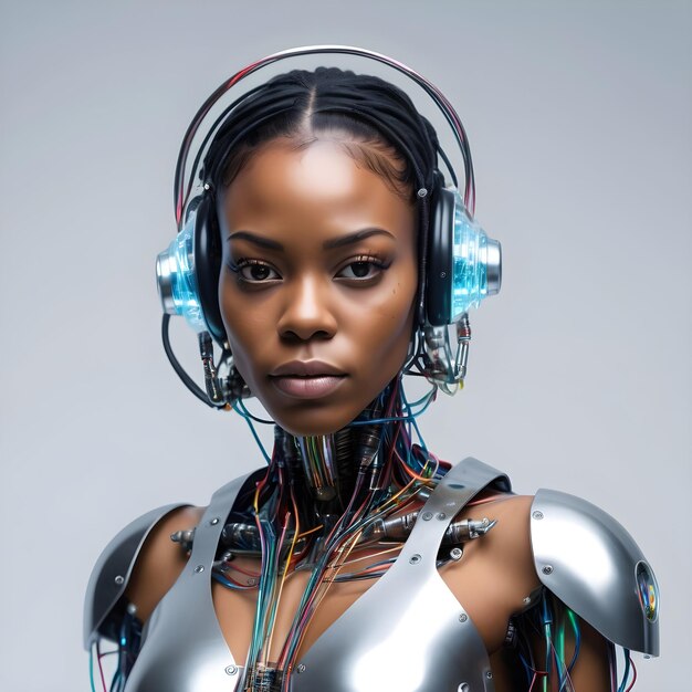 Fotografía de retrato de una astronauta cyborg mujer negra cabeza sin cuerpo conectada por cables y alambres