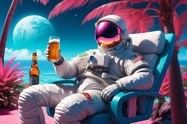 Fotografía de retrato audaz de un astronauta descansando en un complejo tropical en el espacio sosteniendo un vapor de cerveza