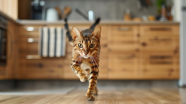 Fotografía de retrato de estilo de vida de un ocicat corriendo contra una cocina moderna