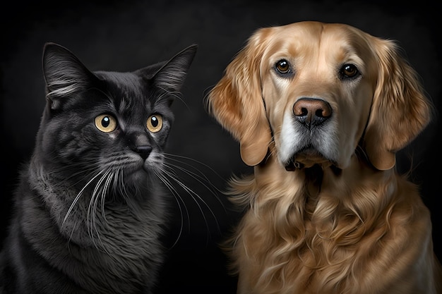 Fotografía de retrato de gato británico y Golden Retriever