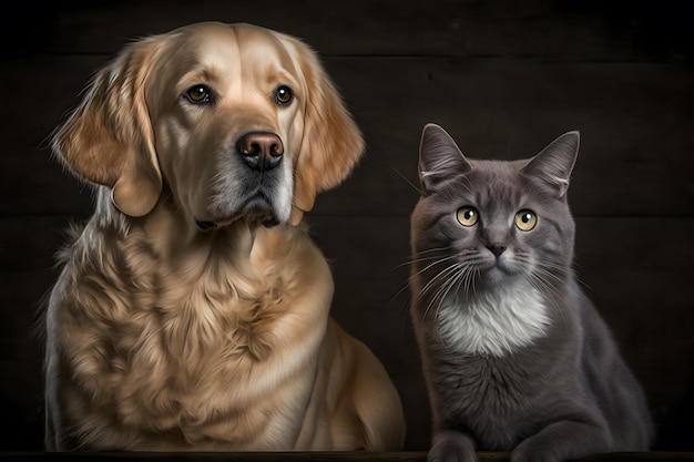 Fotografía de retrato de gato británico y Golden Retriever