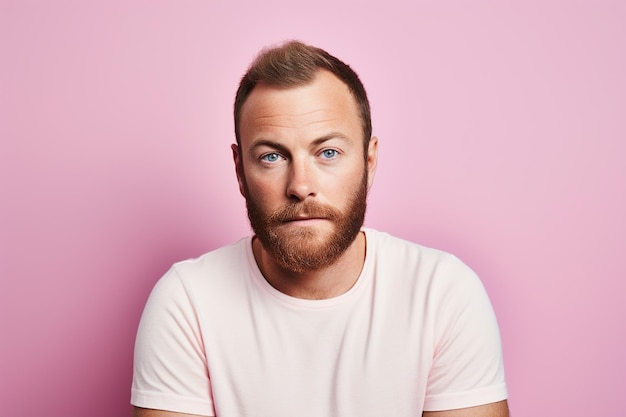 Fotografía de retrato de un hombre de unos 30 años contra un fondo rosa claro
