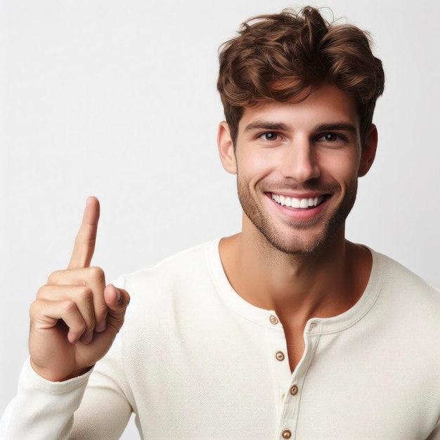 fotografía de retrato de un hombre feliz apuntando hacia un fondo blanco ai generativo