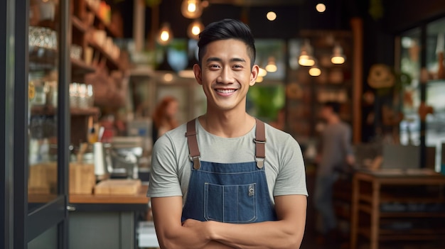 fotografía de retrato de un joven asiático feliz de pie en la puerta de su tienda