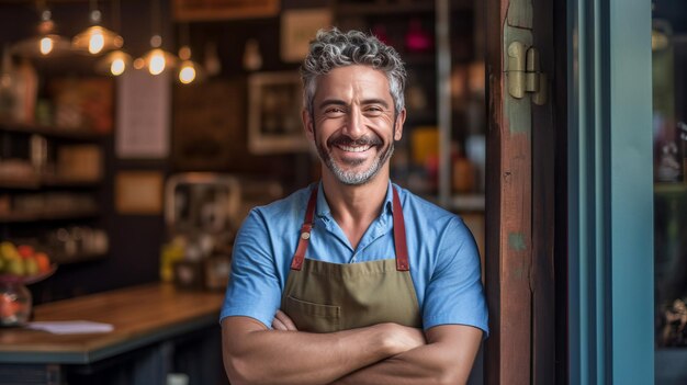 fotografía del retrato de un joven feliz de pie en la puerta de su tienda