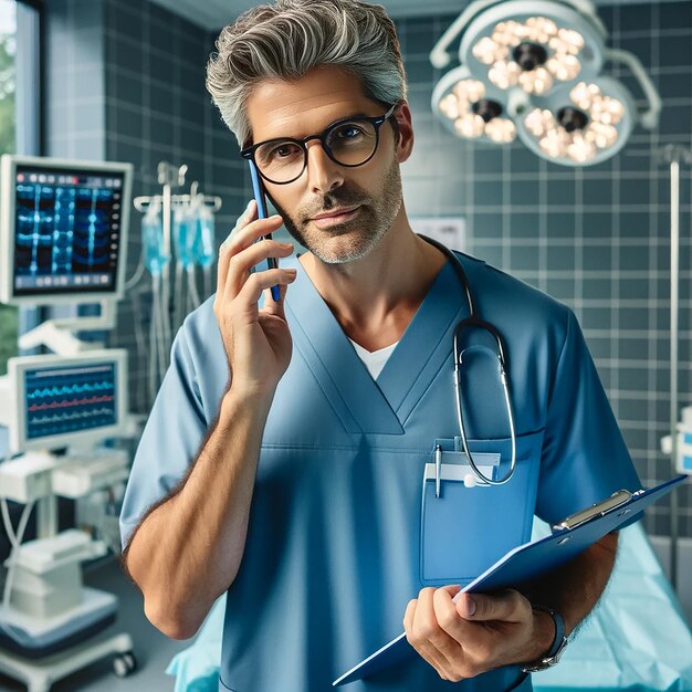 Una fotografía de retrato de un médico hombre confiado en trajes azules de pie en una emergencia hospitalaria