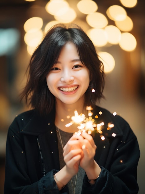 Fotografía Retrato de una mujer feliz sosteniendo un brillo