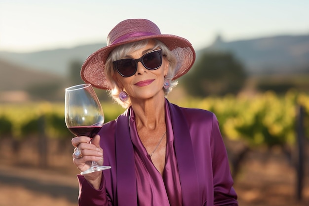 Foto fotografía de retrato de una mujer de unos sesenta años que lleva un traje de degustación de vino elega