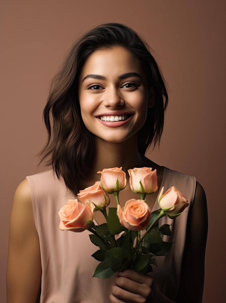 Fotografía de retrato de una mujer sosteniendo un ramo de rosas.