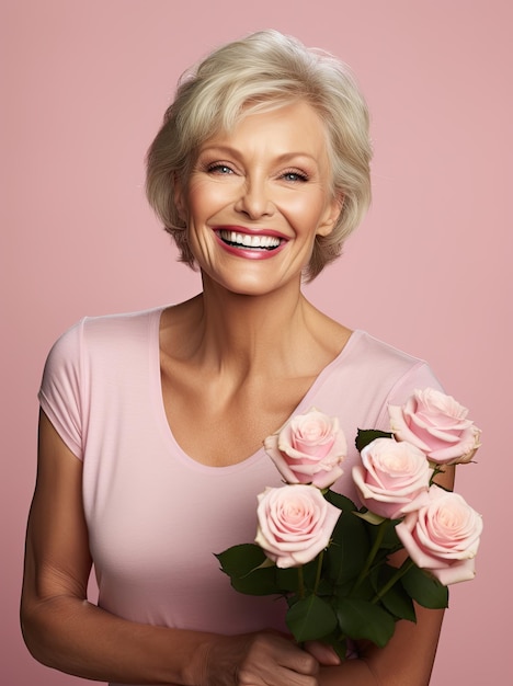 Fotografía de retrato de una mujer sosteniendo un ramo de rosas.