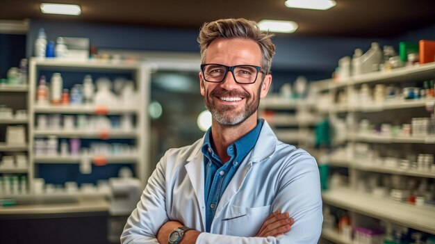 Fotografía del retrato sonriente de un apuesto farmacéutico en una farmacia.