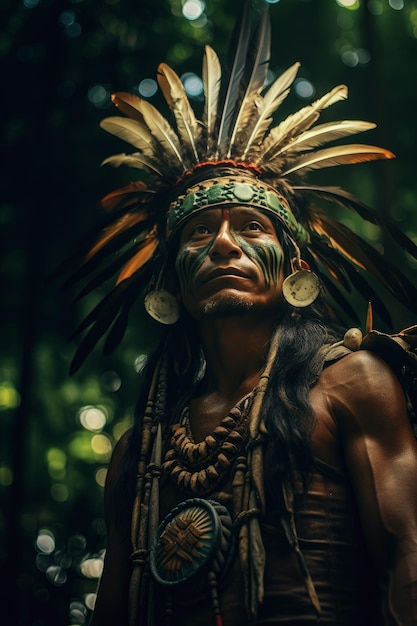 Fotografía de retrato vertical en media longitud de un indígena amazónico en la selva