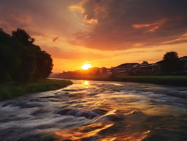 Foto fotografía del río y la puesta de sol