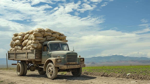 Foto fotografía de un robusto camión agrícola cargado de bolsas de fertilizante