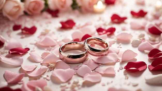 Fotografía romántica de un par de anillos de boda