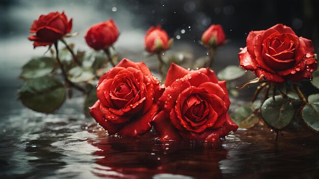 Una fotografía de rosas rojas con agua