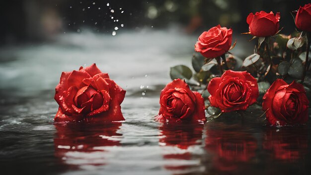 Una fotografía de rosas rojas con agua