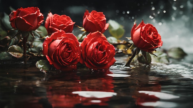 Una fotografía de rosas rojas con agua