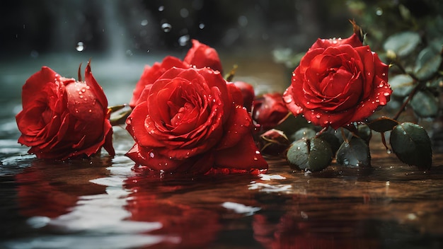 Una fotografía de rosas rojas con agua