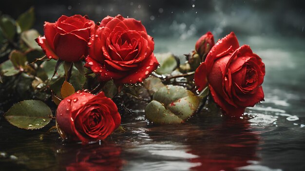 Una fotografía de rosas rojas con agua