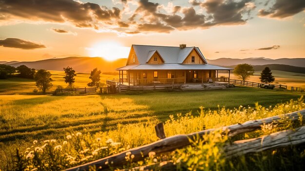 Fotografía rústica de una granja con la puesta de sol con las montañas Apalaches generada por Ai