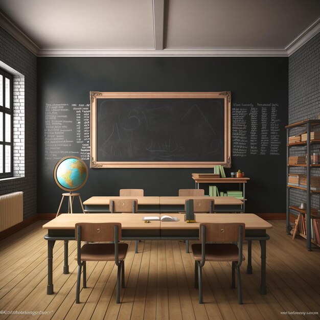 Fotografía de la sala de clases con pizarra negra en la pared3d renderización