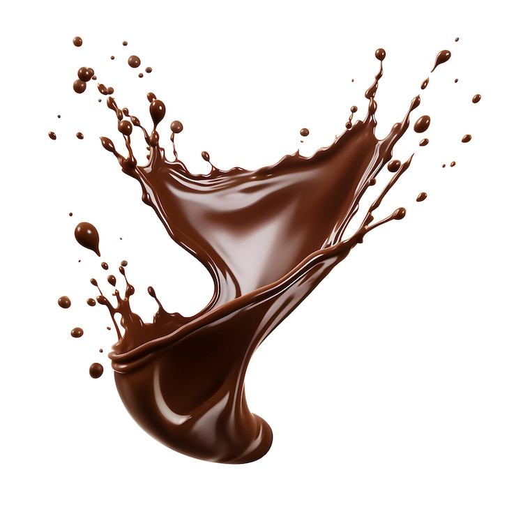 Foto fotografía de salpicaduras de chocolate aisladas con pequeñas gotas y flujos curvos