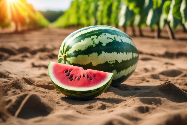 fotografía de una sandía unida a una tierra agrícola con un fondo borroso